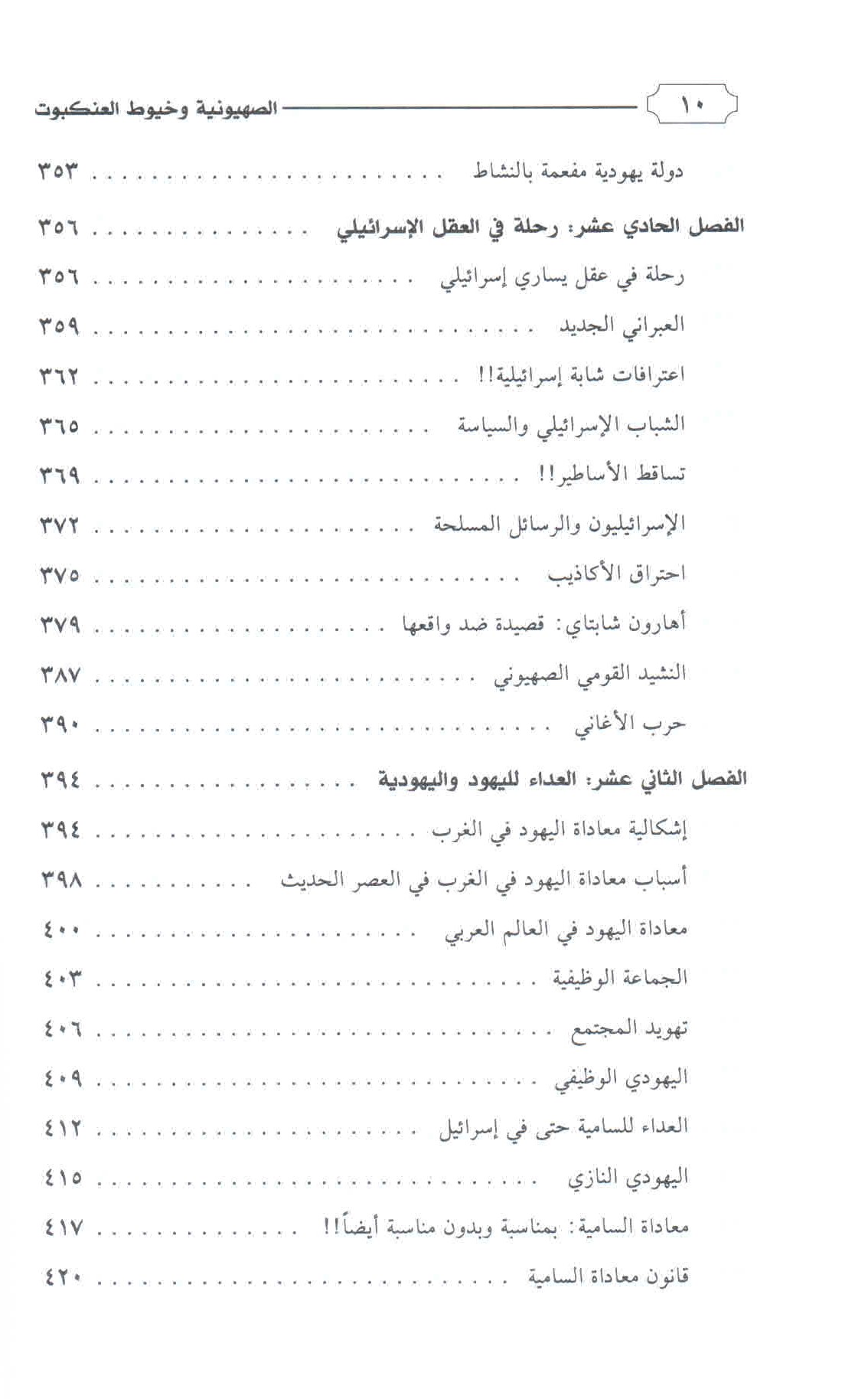 قائمة محتويات كتاب الصهيونية وخيوط العنكبوت ص. 10.
