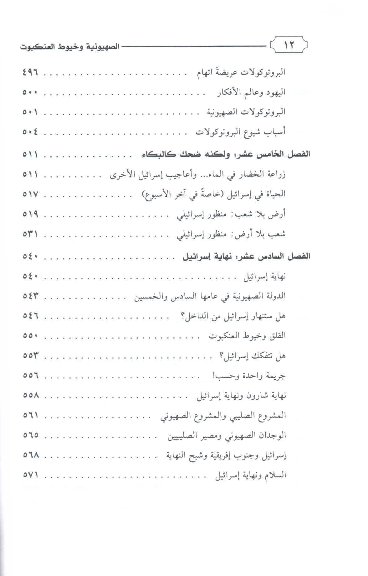 قائمة محتويات كتاب الصهيونية وخيوط العنكبوت ص. 12.